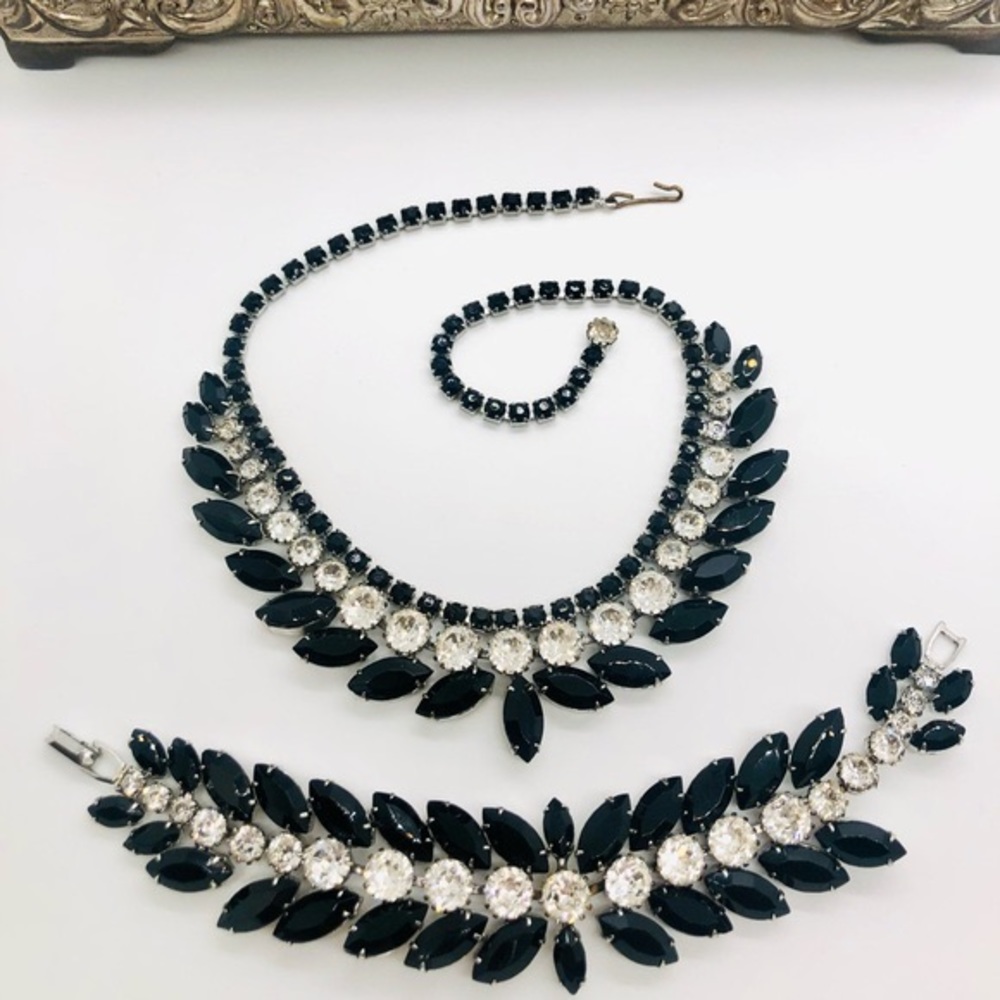 Vintage WEISS Black Crystal Demi Parure Necklace Bracelet Set